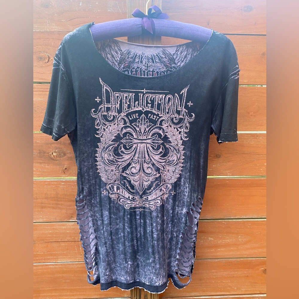 Affliction Live Fast Reversible Women's T-shirt Feathers Biker Tattoo Y2K